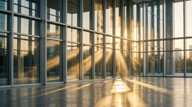 Sunlight streams through a massive glass building. The building&rsquo;s facade features numerous vertical windows, creating a dramatic play of light and shadow on the polished concrete floor.