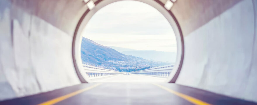 Tunnel opening revealing a long road extending towards a distant city and mountains, symbolizing journey and new beginnings