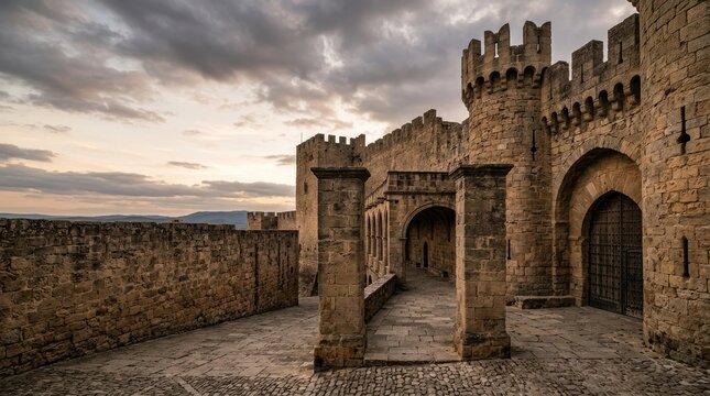 A weathered stone castle stands prominently against a dramatic, cloudy sky. The castle features tall, crenellated walls, arched doorways, and a stone walkway leading into the courtyard.