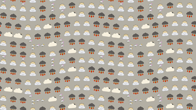 Cute cartoon weather pattern with smiling clouds and rain