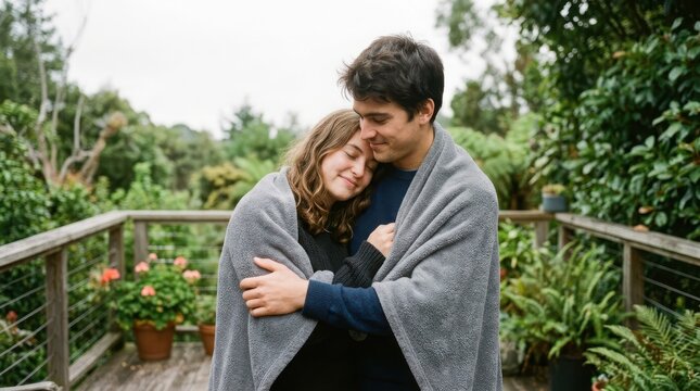 Happy young couple in love hugging each other while wrapped in a warm grey blanket standing on a beautiful outdoor balcony garden