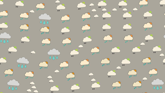 Seamless pattern of cartoon clouds with rain and sun