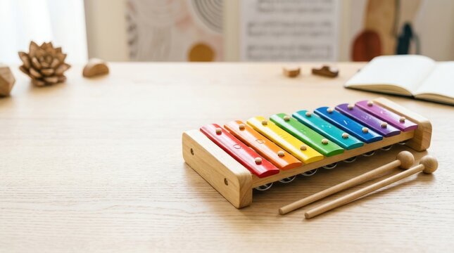 A wooden xylophone rests on a light-colored wooden table. The colorful instrument features seven bars in rainbow hues, each with a metal striker.