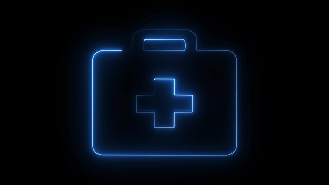 Blue neon first aid kit icon on dark background, glowing medical briefcase healthcare cross symbol.