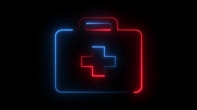 Red and blue neon first aid kit icon on dark background, glowing medical briefcase healthcare cross symbol.