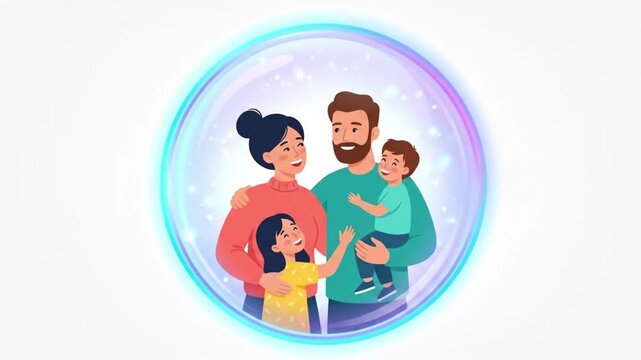 Happy family hugging inside glowing protective bubble with colorful confetti and fireworks around, family safety and insurance concept flat animation