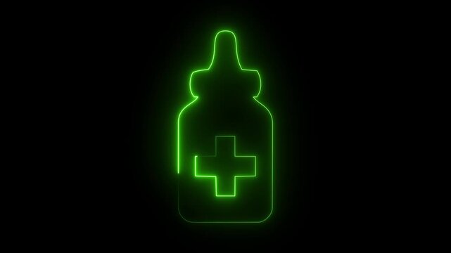 Green neon medicine dropper bottle icon on dark background, glowing nasal spray healthcare symbol.
