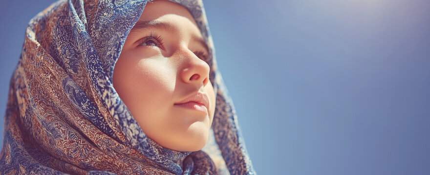 Young woman in a stylish hijab gazes up at the deep blue sky, pondering what the future holds and radiating optimism
