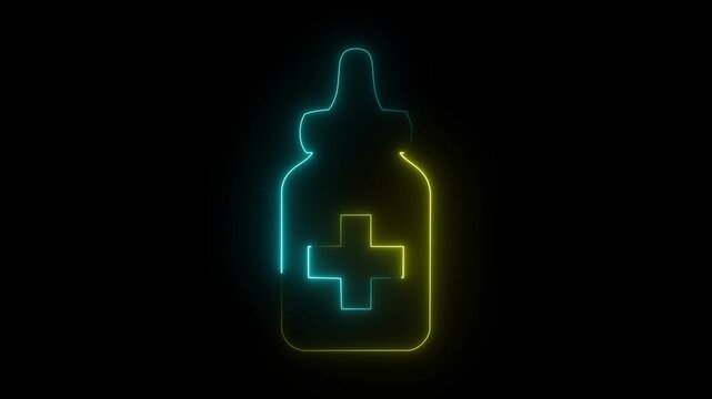 Yellow and blue neon medicine dropper bottle icon on dark background, glowing nasal spray symbol.