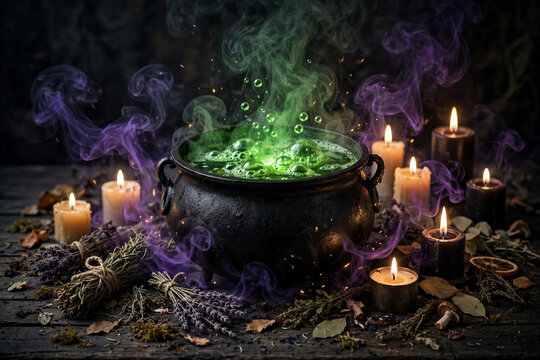 Witch's cauldron with glowing green potion surrounded by candles and herbs on Halloween