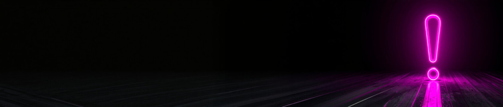Glowing pink neon exclamation mark icon illuminated in a wide dark space. Ideal for warning concepts, alert campaigns, digital marketing, creative branding, and social media banner background content.