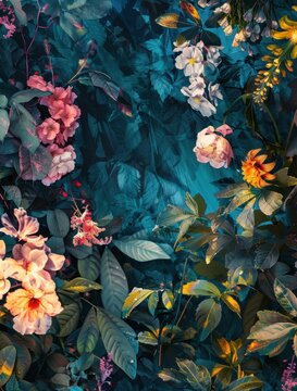 Vibrant Floral Pattern on Dark Blue Background