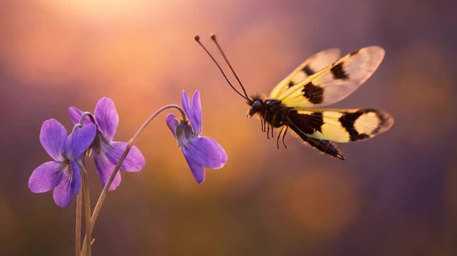 owlfly side view flying near a violet flower close up at sunset light in western ghats india video