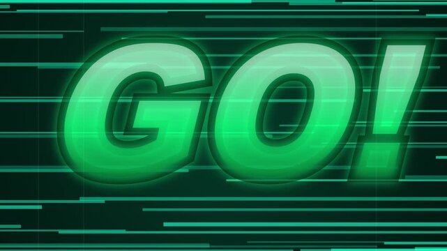 Green glowing go text on digital glitch background with scanlines