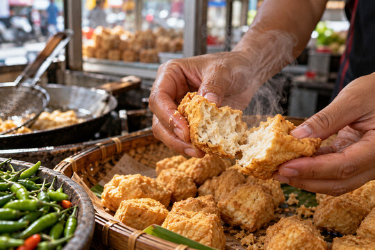 Freshly Fried Tahu Sumedang Pulled Apart by Hand with Steam and Green Chilies at Indonesian Street Food Stall