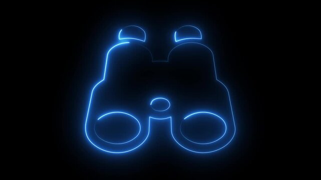 Blue neon binoculars icon on dark background, glowing search zoom vision field glass optical symbol.