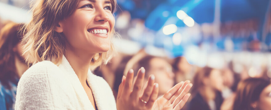 Cheerful woman applauding with a crowd, expressing joy and support for a performance or presentation in an audience setting