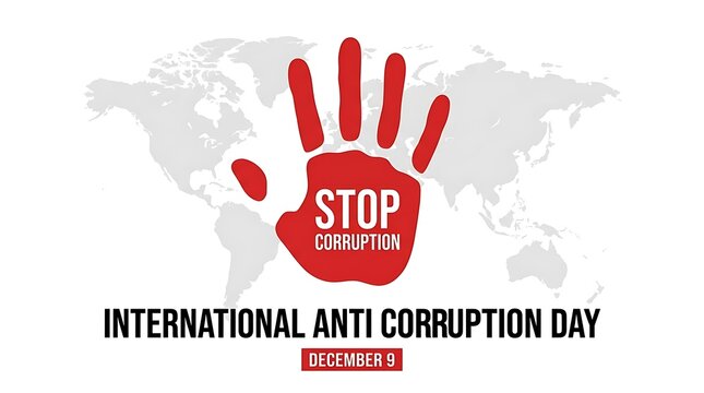 International anti corruption day concept with red hand print and stop corruption text over world map
