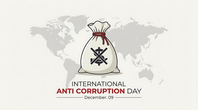 International anti corruption day concept with money sack illustration over world map background