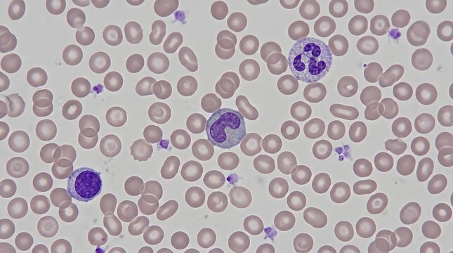Microscopic view of human blood smear with red and white cells
