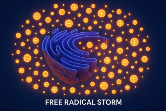 Glowing free radical storm surrounds maze like endoplasmic reticulum structure, with charged orange particle floating on dark blue background