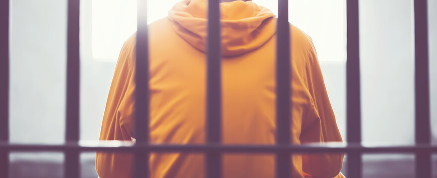 Person in orange hoodie behind jail bars, symbolizing imprisonment, crime, isolation, and legal consequences