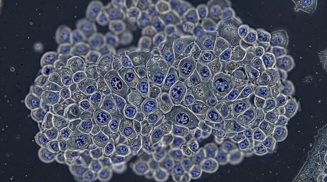 Microscopic view of biological cell cluster with blue nuclei