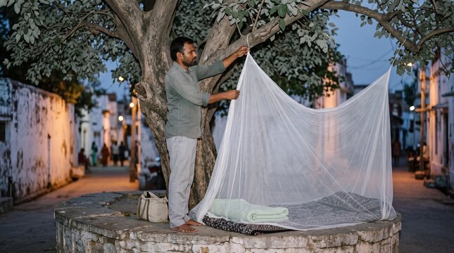Hanging a mosquito net on a tree branch at dusk