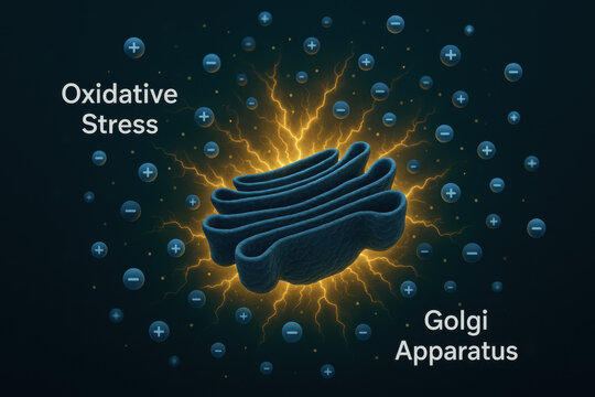 Oxidative stress burst surrounding Golgi apparatus organelle with floating charged ion particle in dark teal background, molecular pathology medical illustration
