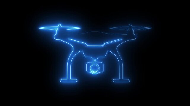 Blue neon drone icon on dark background, glowing quad copter camera surveillance photo symbol.