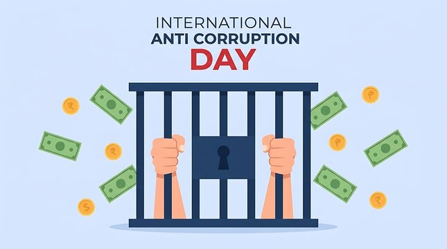 International anti-corruption day illustration with hands inside prison cell surrounded by money