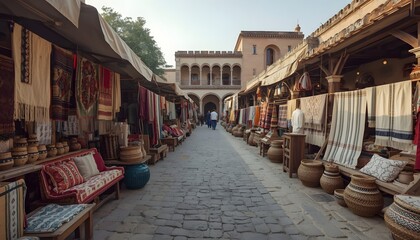 Fototapeta premium Outdoor cultural festival textile market with artisan stalls of handwoven rugs, baskets and pottery on cobblestone street