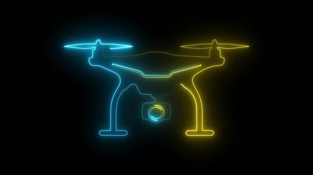 Yellow and blue neon drone icon on dark background, glowing quad copter camera surveillance symbol.