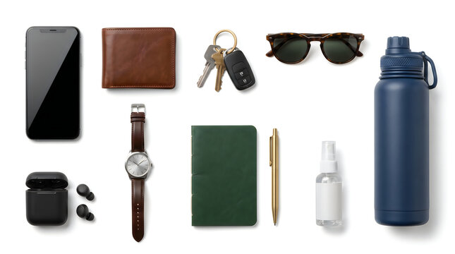 Everyday Carry EDC Flat Lay Set with Smartphone, Leather Wallet, Keys, Sunglasses, Water Bottle, Wristwatch, Earbuds, Notebook, Pen, and Hand Sanitizer Isolated on White Background