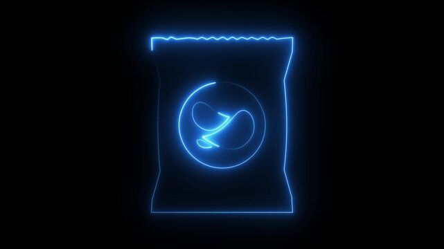 Blue neon potato chips bag icon on dark background, glowing snack packet food symbol.