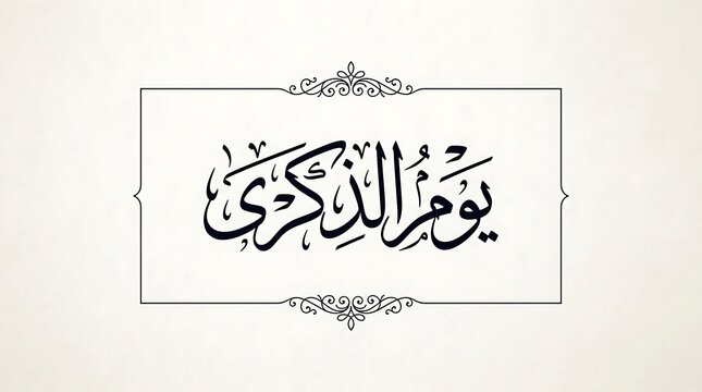 Traditional arabic calligraphy for day of remembrance inside a decorative rectangular frame with arabic script