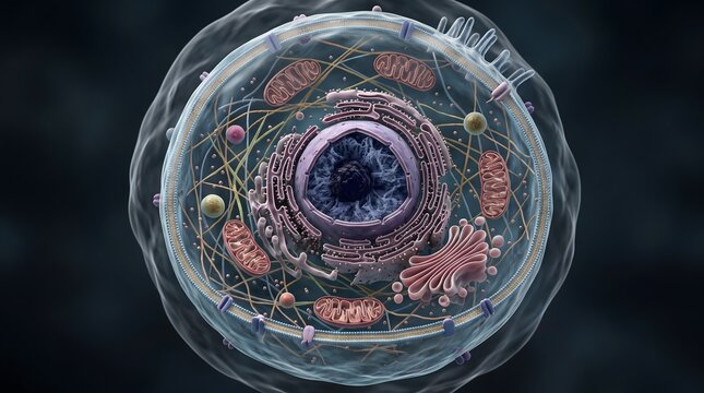 Microscopic cross section of a human cell with nucleus and organelles