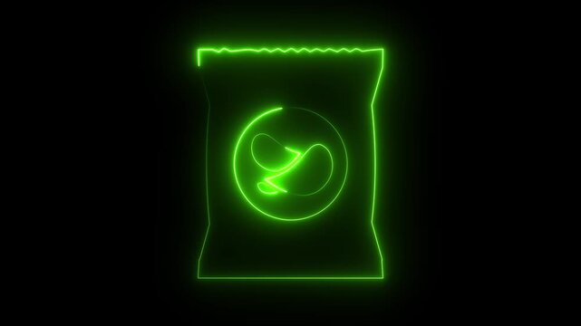 Green neon potato chips bag icon on dark background, glowing snack packet food symbol.