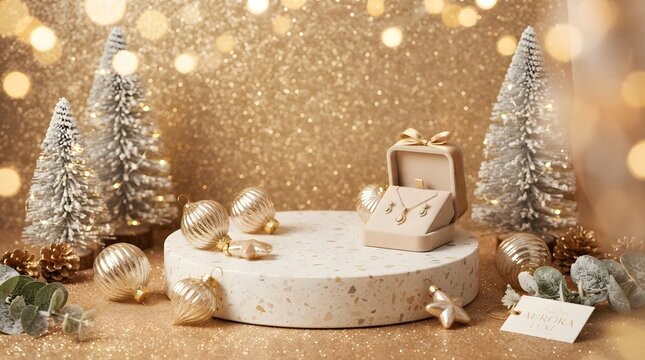 Luxury jewelry gift set in a beige box displayed on a terrazzo podium with golden ornaments and miniature christmas trees against a sparkling gold background
