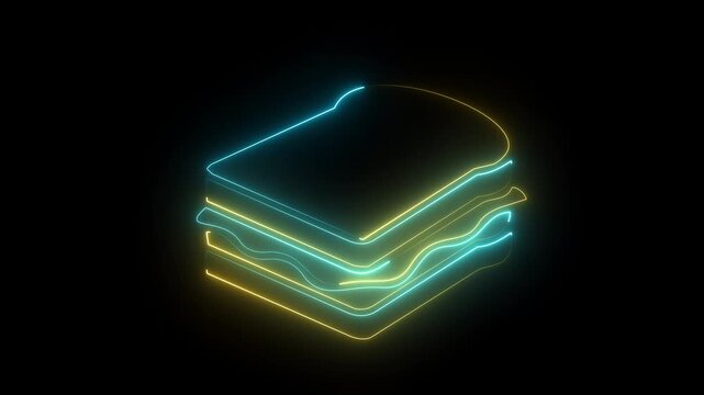 Yellow and blue neon sandwich icon on dark background, glowing fast food lunch meal symbol.