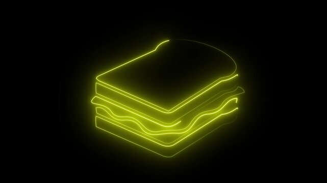 Yellow neon sandwich icon on dark background, glowing fast food lunch meal symbol.