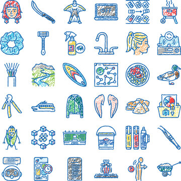 Doodle hand drawn design with a collection of line art icons depicting diverse concepts including everyday objects, technology, food, sports, and lifestyle elements