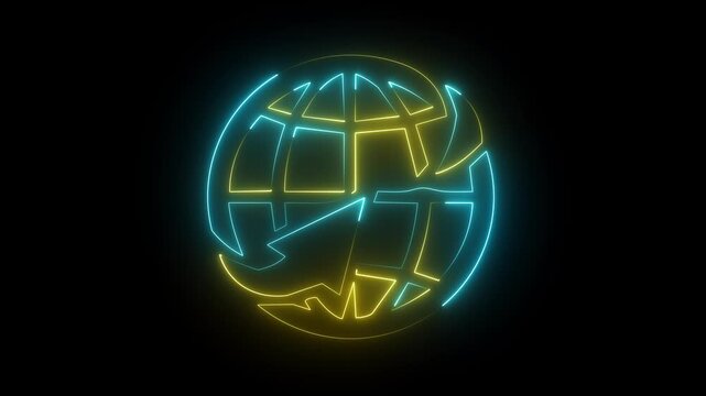 Yellow and blue neon globe icon on dark background, glowing world map plane travel global arrow symbol.