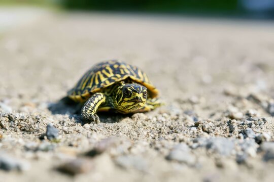 Small turtle with yellow and black markings on gravel ground