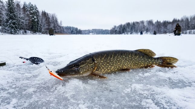 Person ice fishing with a large pike caught on a frozen lake.