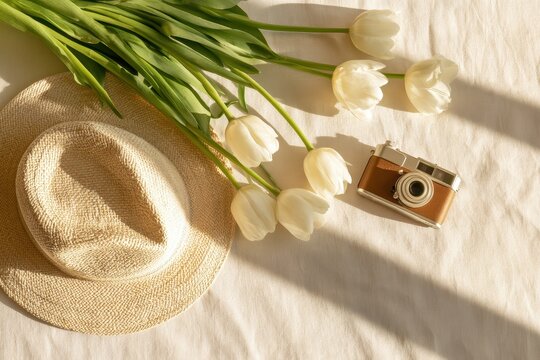 Straw hat, white tulips, and vintage camera on fabric