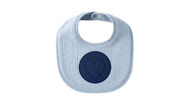 Soft blue baby feeding bib with a dark circular heart emblem isolated on a transparent background for nursery product displays