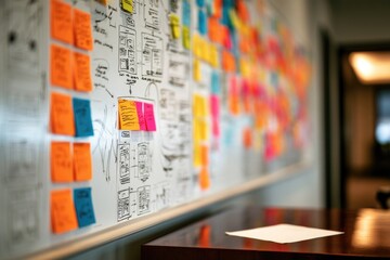 Obraz premium A whiteboard filled with colorful sticky notes and diagrams, used for brainstorming or project planning in a workspace.