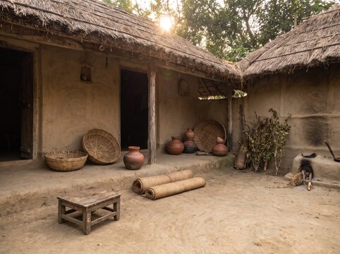 Rustic mud house with thatched roof and clay pots, traditional village courtyard in warm sunlight, authentic rural dwelling with terracotta vessels