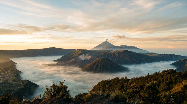 panoramic view of active volcanoes in java during morning light